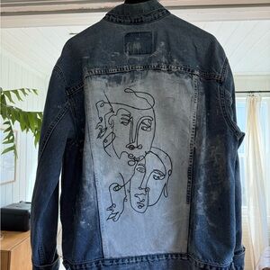 Levi's Denim Jacket with Painted Panel and Abstract Face Line Art ONE OF ONE